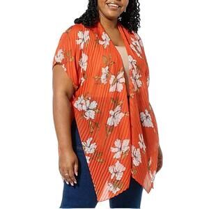 Anne Klein Women's Pleated Hibiscus Print Ruana Summer Fig